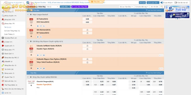 Kèo cược bóng chày tại SODO cũng rất đa dạng với tỷ lệ thưởng cao